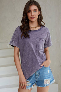 Thumbnail for Mineral Wash Round Neck Short Sleeve Blouse