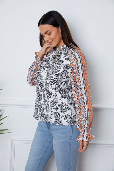 Tassel Tie Neck Printed Smocked Long Sleeve Blouse