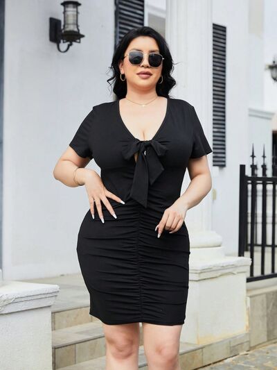 Plus Size Ruched Tied Short Sleeve Mini Dress