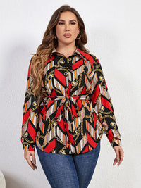 Thumbnail for Plus Size Printed Collared Neck Tie Waist Long Sleeve Shirt