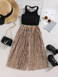 Thumbnail for Girls Ribbed Halter Neck Tank and Leopard Pleated Wide Leg Pants Set