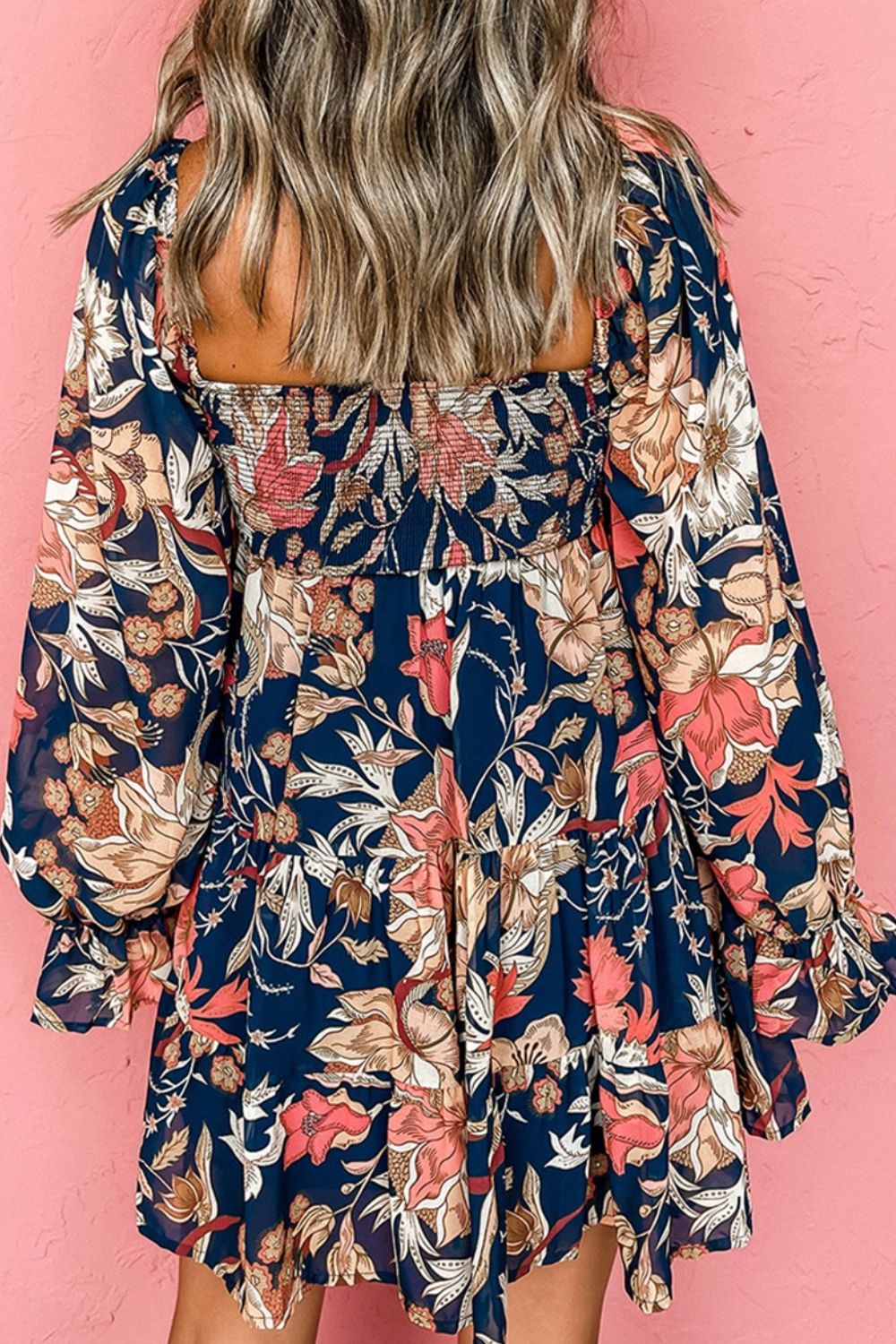 Plus Size Smocked Printed Long Sleeve Dress