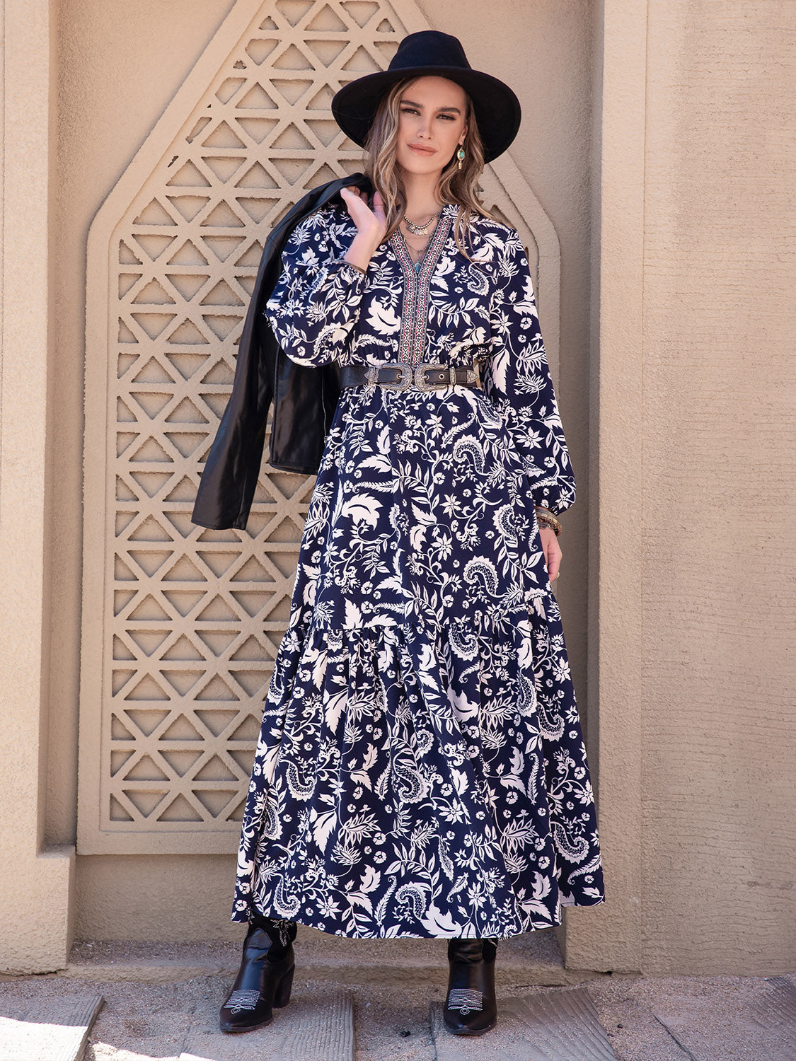 Printed Notched Neck Maxi Dress