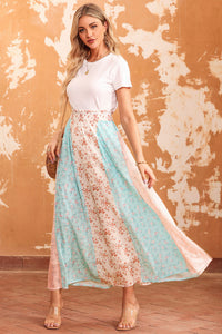 Thumbnail for Floral Color Block Smocked Waist Maxi Skirt
