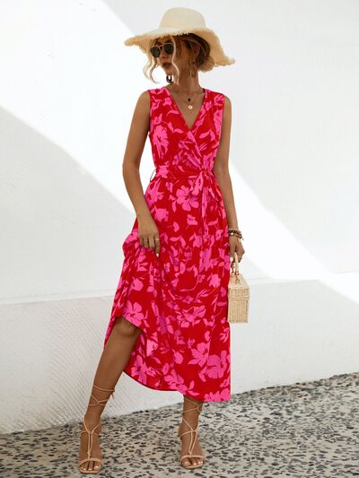 Tied Printed Surplice Tiered Dress