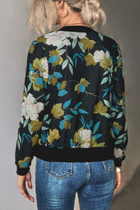 Thumbnail for Floral Zip Up Ribbed Trim Bomber Jacket