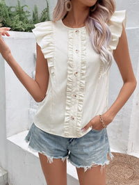 Thumbnail for Decorative Button Frill Trim Round Neck Top