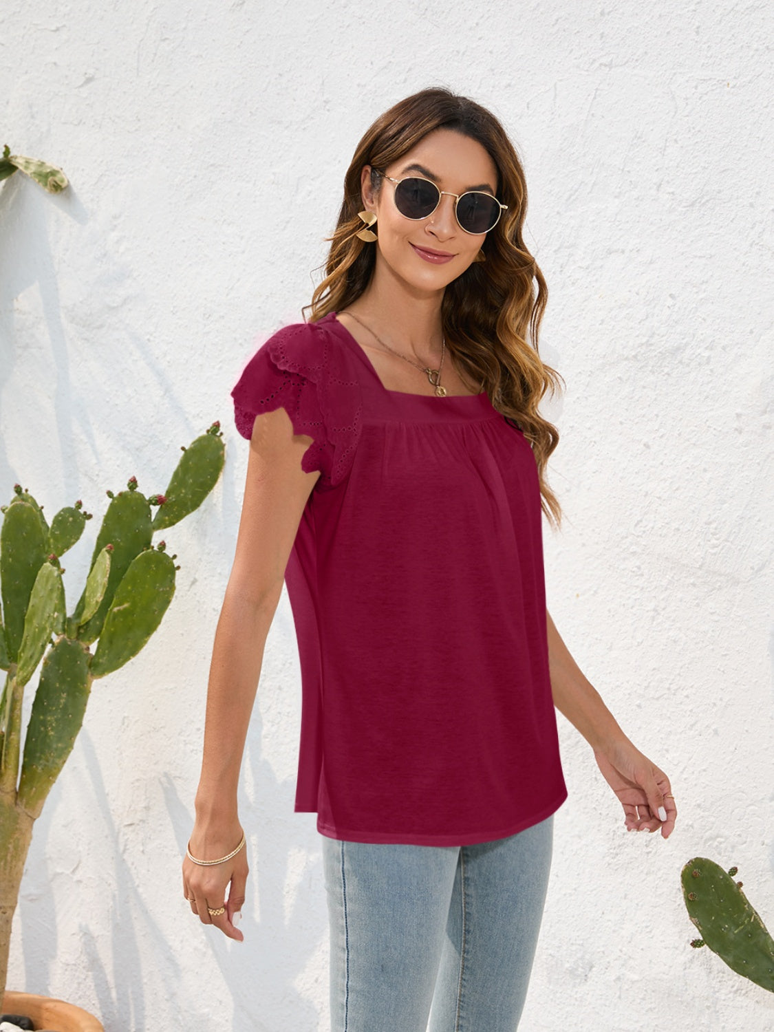 Ruffled Square Neck Cap Sleeve Blouse