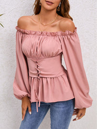 Thumbnail for Lace-Up Balloon Sleeve Off-Shoulder Blouse