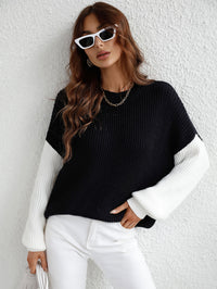 Thumbnail for Two-Tone Rib-Knit Dropped Shoulder Sweater