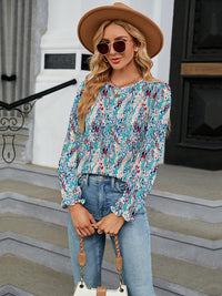 Thumbnail for Printed Round Neck Flounce Sleeve Blouse