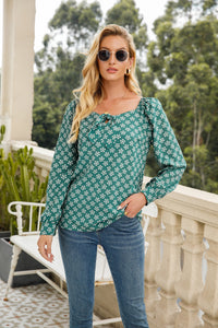 Thumbnail for Printed Tied Sweetheart Neck Long Sleeve Blouse