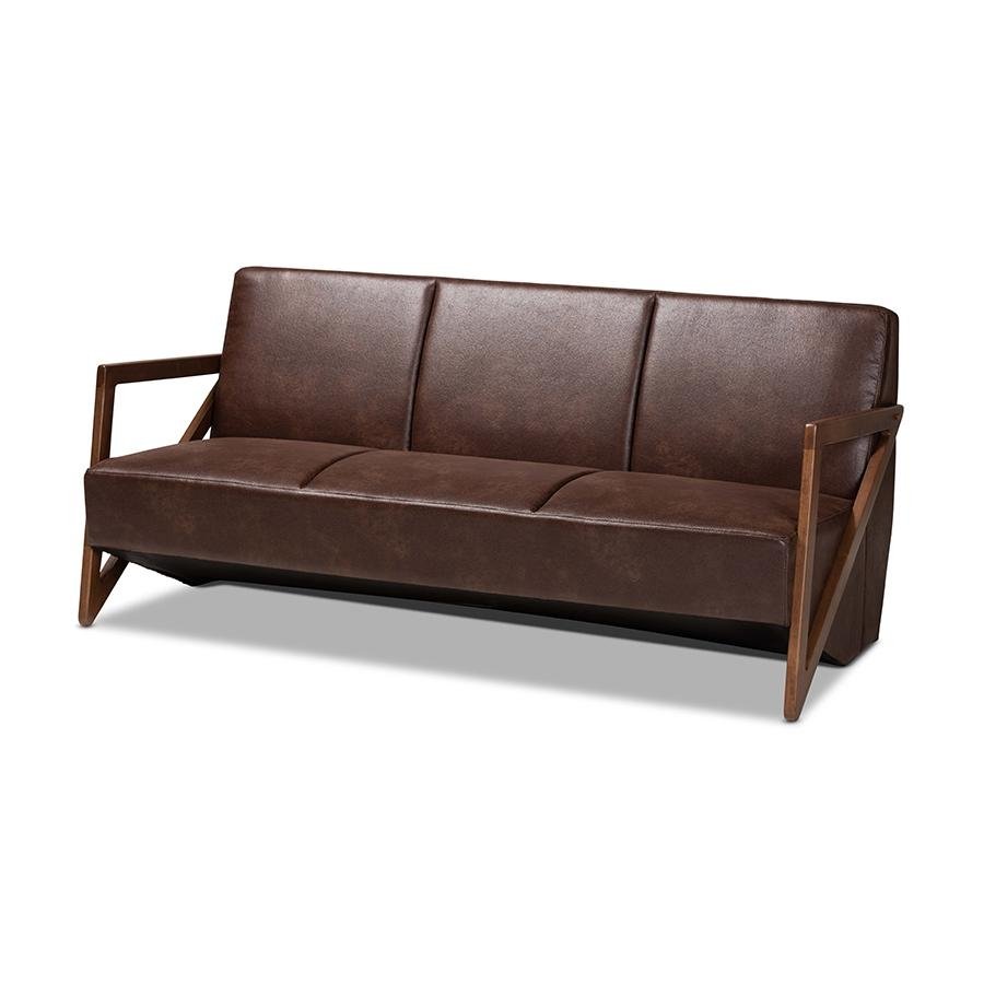 Baxton Studio Christa Mid-Century Modern Transitional Dark Brown Faux Leather Effect Fabric Upholstered and Walnut Brown Finished Wood Sofa - Mervyns