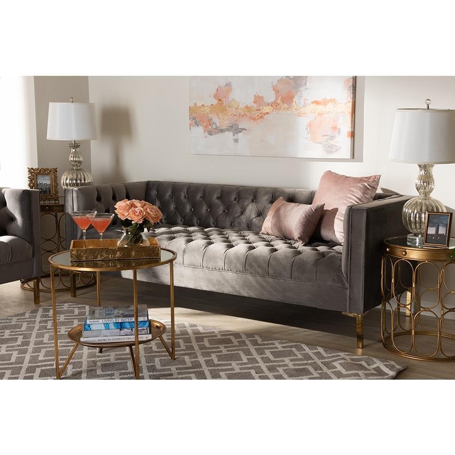 Baxton Studio Zanetta Glam and Luxe Gray Velvet Upholstered Gold Finished Sofa - Mervyns