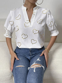 Thumbnail for Heart Print Notched Neck Half Sleeve Blouse