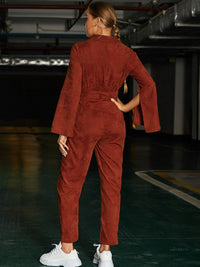 Thumbnail for Belted Shawl Collar Slit Sleeve Jumpsuit - Mervyns