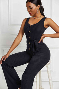 Thumbnail for Button Detail Tie Waist Jumpsuit with Pockets - Mervyns