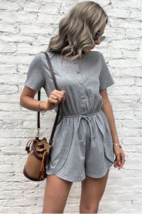 Thumbnail for Buttoned Drawstring Round Neck Romper - Mervyns