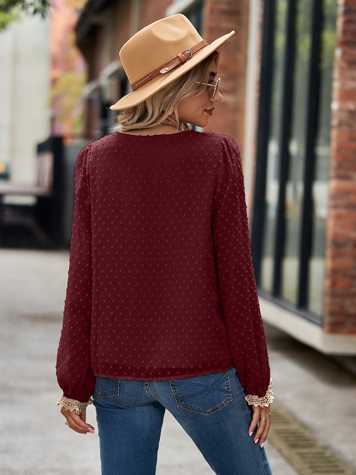 Swiss Dot V-Neck Long Sleeve Blouse