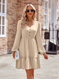 Thumbnail for Frill Trim Buttoned V-Neck Puff Sleeve Dress
