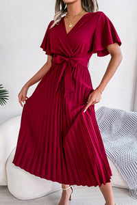 Thumbnail for Pleated Flutter Sleeve Belted Dress