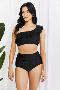 Thumbnail for Marina West Swim Seaside Romance Ruffle One-Shoulder Bikini in Black