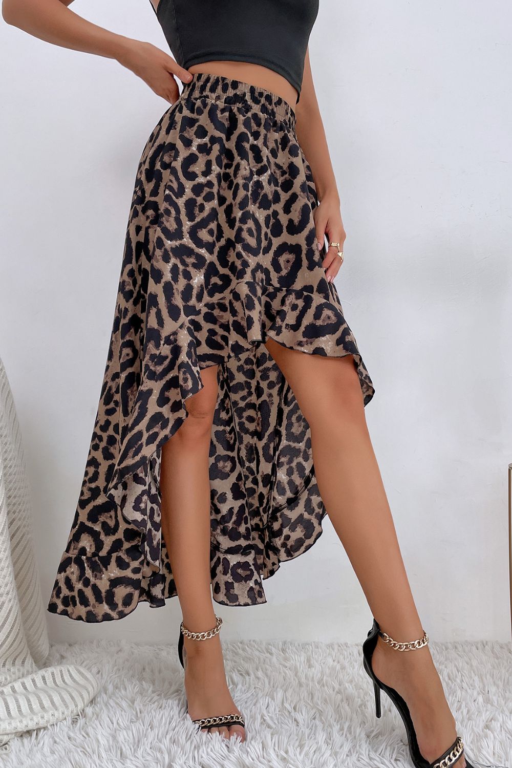 Leopard Ruffle Hem High-Low Skirt