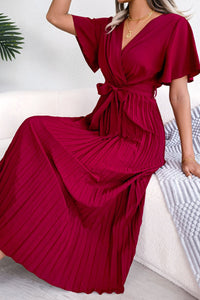 Thumbnail for Pleated Flutter Sleeve Belted Dress
