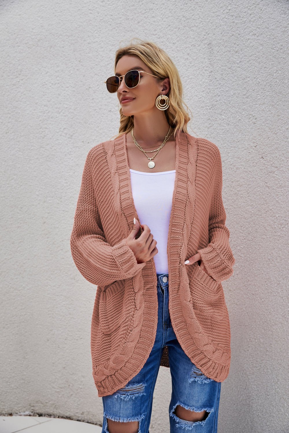 Cable-Knit Curved Hem Open Front Cardigan - Mervyns