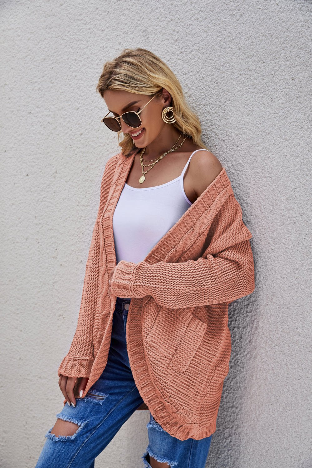 Cable-Knit Curved Hem Open Front Cardigan - Mervyns