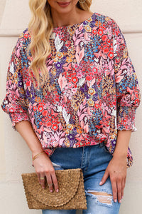 Thumbnail for Floral Round Neck Three-Quarter Sleeve Top