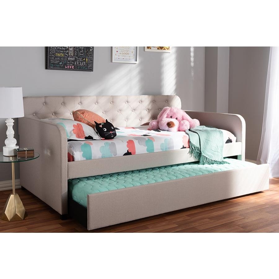 Camelia Modern and Contemporary Beige Fabric Upholstered Button-Tufted Twin Size Sofa Daybed with Roll-Out Trundle Guest Bed - Mervyns