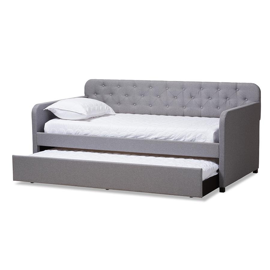 Camelia Modern and Contemporary Grey Fabric Upholstered Button-Tufted Twin Size Sofa Daybed with Roll-Out Trundle Guest Bed - Mervyns