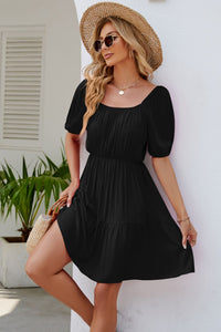 Thumbnail for Ruched Square Neck Puff Sleeve Mini Dress