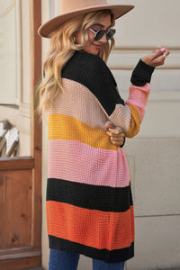Thumbnail for Waffle Knit Striped Open Front Cardigan