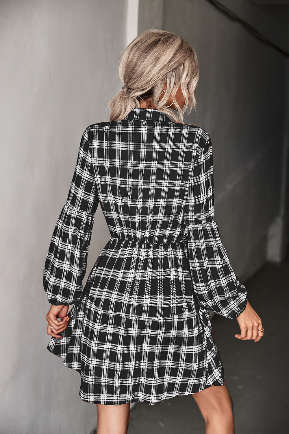 Plaid Band Collar Drawstring Shirt Dress Mervyns