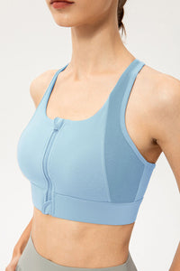 Thumbnail for Zip-Up Round Neck Sports Bra