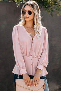 Thumbnail for Buttoned Puff Sleeve Blouse