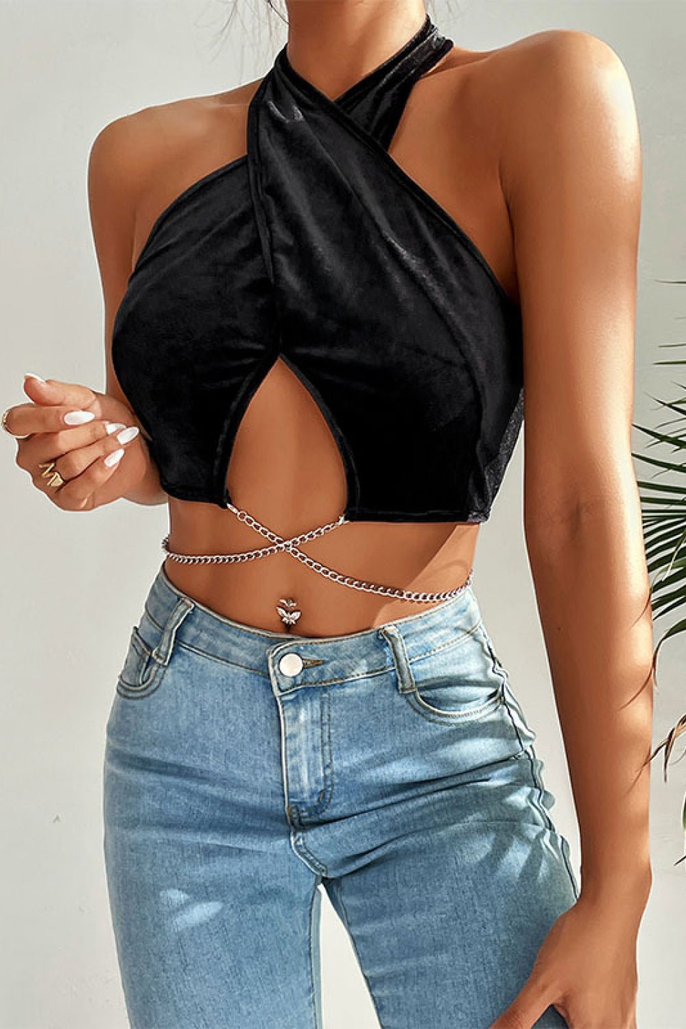 Chain Detail Halter Neck Velvet Cropped Top - Mervyns