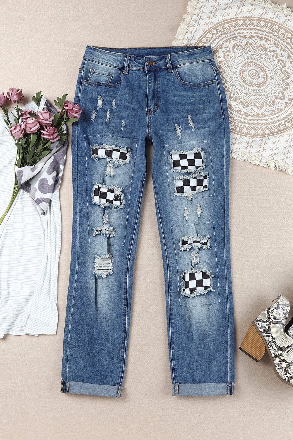 Checkered Patchwork Mid Waist Distressed Jeans - Mervyns