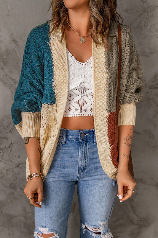 Color Block Cable-Knit Batwing Sleeve Cardigan - Mervyns