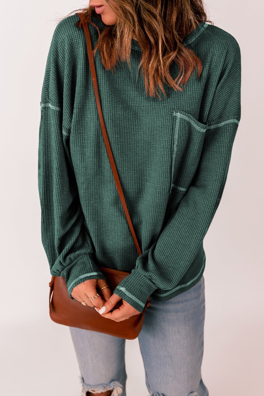 Contrast Stitching Waffle Knit Top - Mervyns