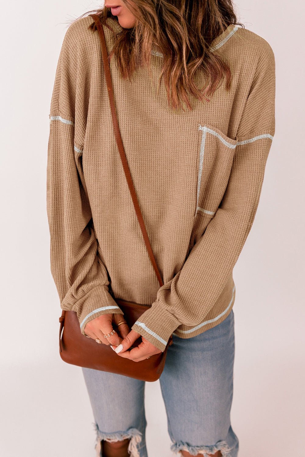 Contrast Stitching Waffle Knit Top - Mervyns