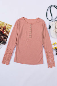 Thumbnail for Crochet Lace Hem Sleeve Button Top - Mervyns