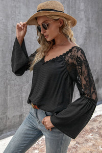 Thumbnail for V-Neck Spliced Lace Flare Sleeve Top