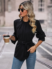 Thumbnail for Round Neck Tie Waist Long Sleeve Blouse