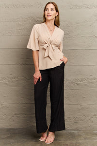 Thumbnail for V-Neck Tie Front Half Sleeve Blouse