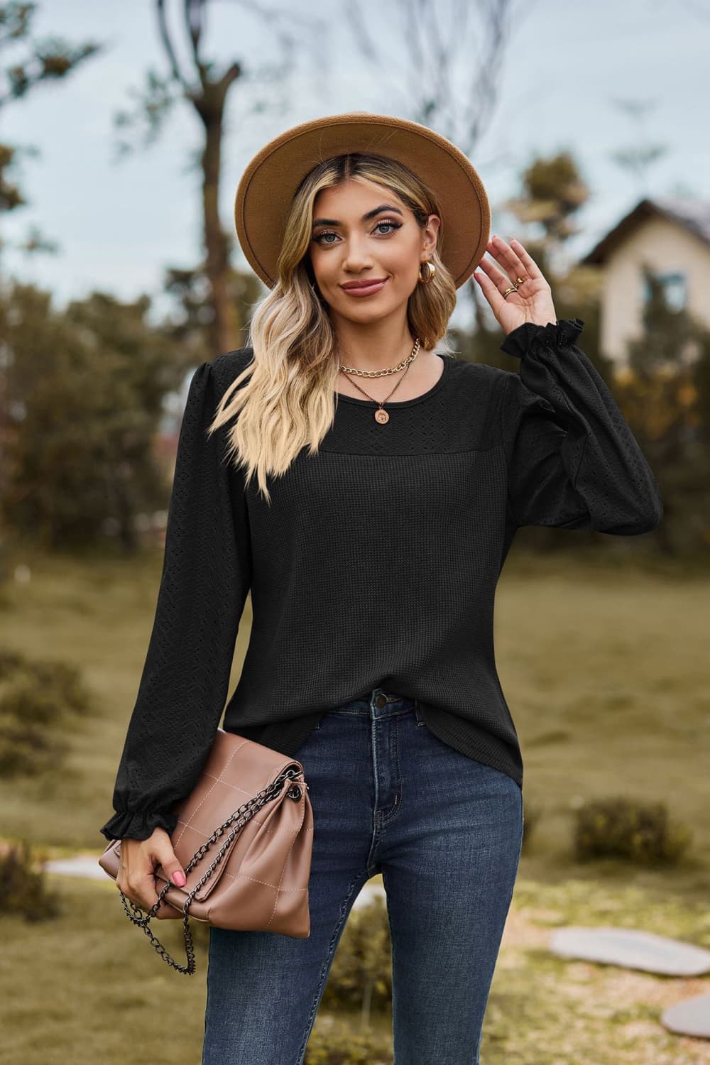 Round Neck Puff Sleeve Blouse