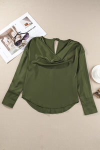 Thumbnail for Cowl Neck Dropped Shoulder Long Sleeve Back Tie Blouse