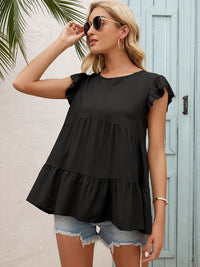 Thumbnail for Round Neck Flutter Sleeve Tiered Blouse